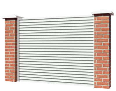 Секция забора жалюзи из ламелей Жалюзи ЭКО-Z RAL9003 Белый с кирпичными столбами