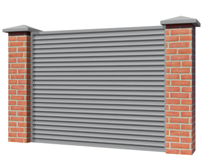 Секция забора жалюзи из ламелей Жалюзи ЭКО-Z RAL7004 Серый с кирпичными столбами