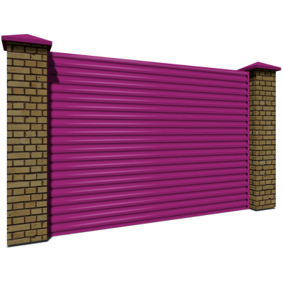 Секция забора жалюзи из ламелей еврожалюзи RAL4006 Пурпурный с кирпичными столбами